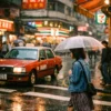 示意圖：Agfa Vista 400 街頭攝影，雨天紅色計程車，高對比色彩，鮮豔街拍風格