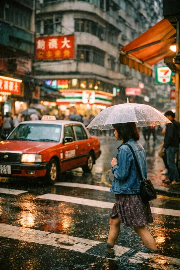 示意圖：Agfa Vista 400 街頭攝影，雨天紅色計程車，高對比色彩，鮮豔街拍風格