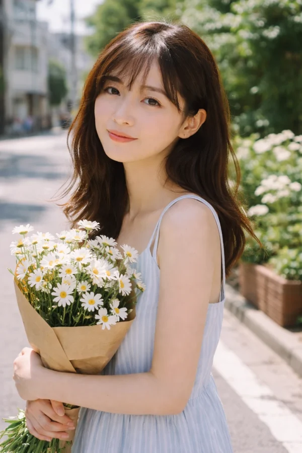 示意圖：Fujifilm 業務用 100 人像攝影，逆光捧花女孩，粉嫩膚色還原，清新日系風格