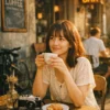 示意圖：Kodak ColorPlus 200 室內人像，復古咖啡館女孩，暖色調膚色，懷舊氛圍