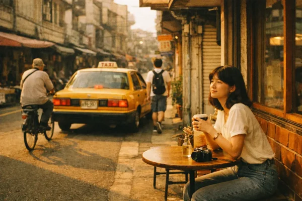 示意圖：Kodak ColorPlus 200 黃昏街拍，逆光攝影，懷舊顆粒感，溫暖回憶風格