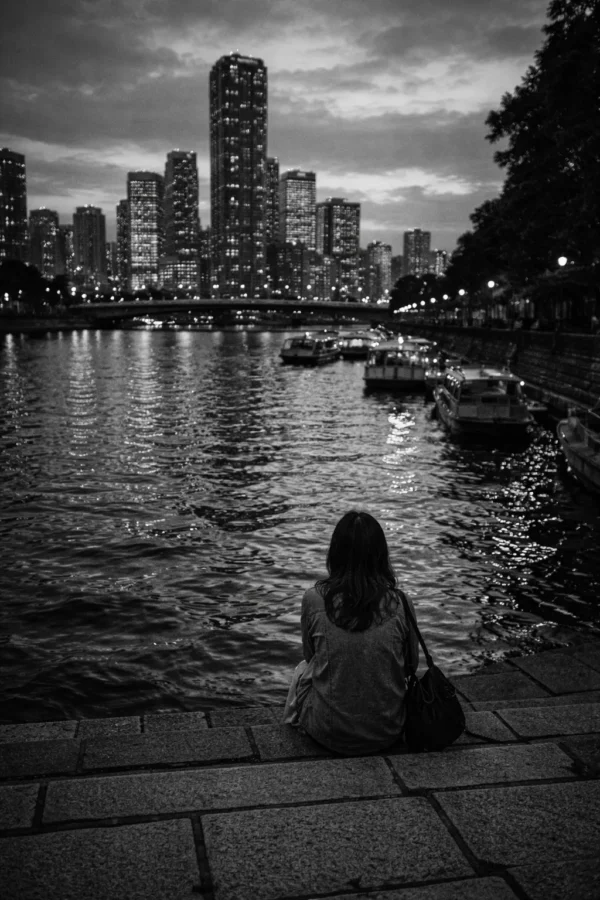 TMY-2 示意 - 靜謐河畔 示意圖:Kodak T-MAX 400 風景人像,河畔城市景觀,豐富灰階層次,暗部細節
