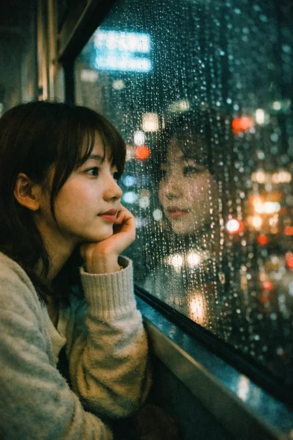示意圖：NATURA 1600 雨天攝影，車窗倒影人像，電影感顆粒，憂鬱氛圍