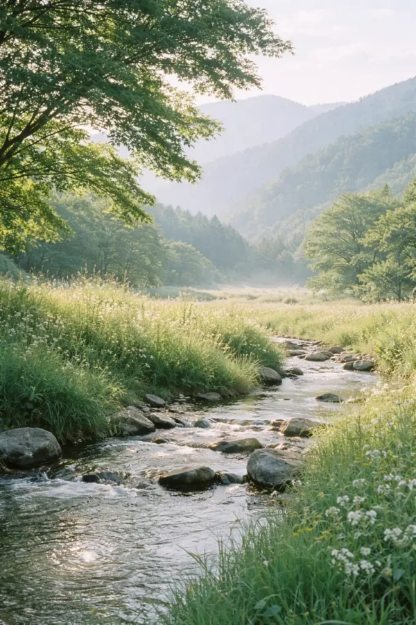 示意圖：Fujifilm PRO 400H 風景攝影，森林溪流，日系青綠色調，柔和低反差
