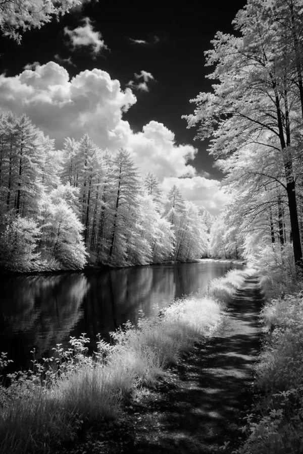 示意圖：Rollei Infrared 400 河流攝影，發光樹葉效果，空靈氛圍，黑白藝術攝影