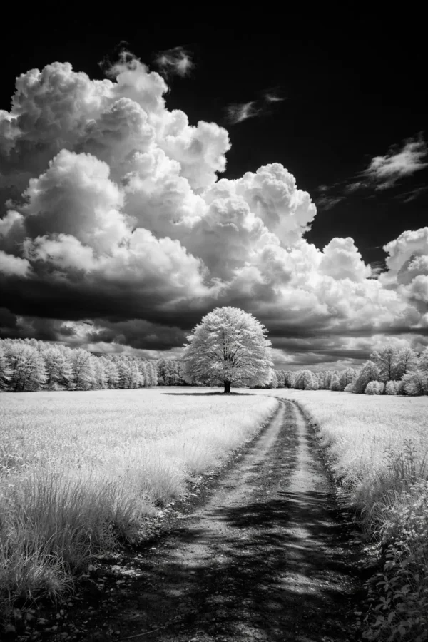 Rollei Infrared 400 風景攝影，伍德效應示意，白色草原與孤樹，超現實黑白風景