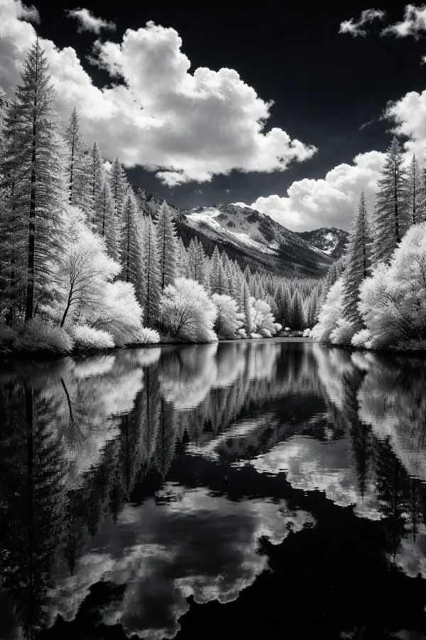 示意圖：Rollei Infrared 400 森林攝影，夏日雪景效果，湖泊倒影，紅外線黑白底片