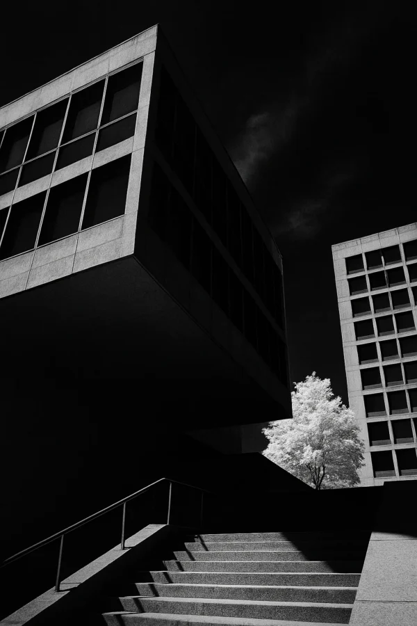 RETRO 400S 示意 - 幾何秩序 示意圖:Rollei RETRO 400S 建築攝影,現代幾何線條,深黑天空背景,極致銳利黑白底片