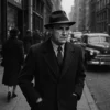 示意圖：Silberra 52XX 街頭攝影範例，高反差黑白底片，黑色電影 Film Noir 風格，紮實顆粒感