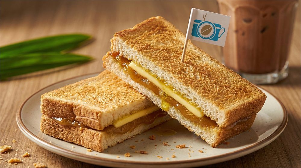 招牌咖椰吐司 Kaya Toast - 台南伶 Kopi 自家種植斑蘭葉手工熬煮咖椰醬，夾冰鎮鹹奶油